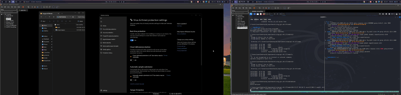 虛擬機驗證 GIF,並列呈現 Windows 防護設定與測試端終端機